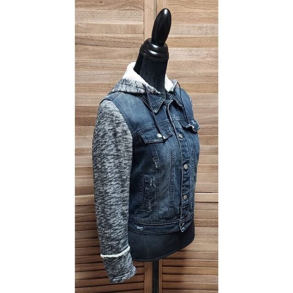 Free People Small Blue Jean Trucker Hoodie Knit Denim Button Distressed Jacket - Picture 2 of 7